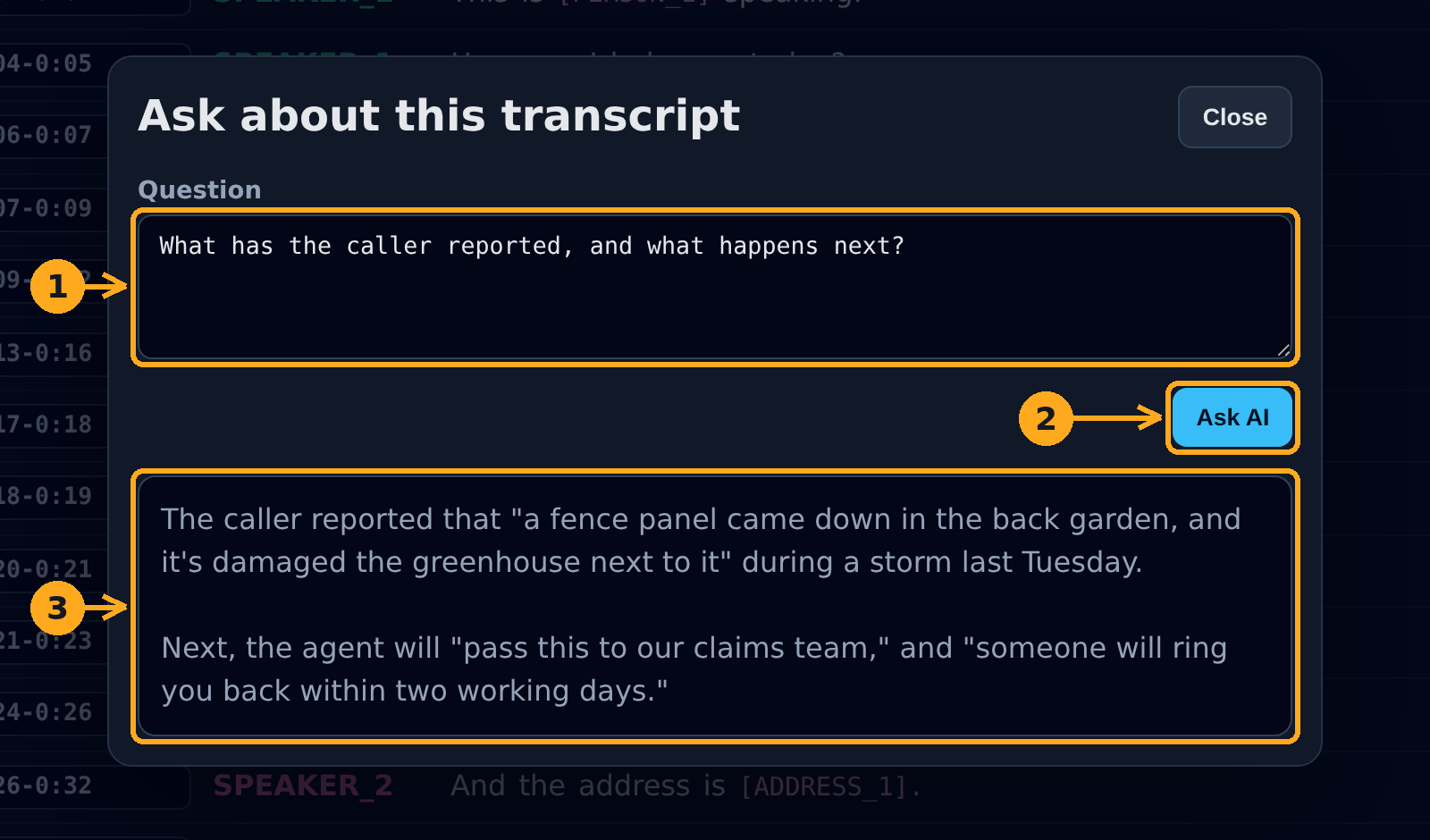 The Ask about this transcript dialog with a question and its answer
