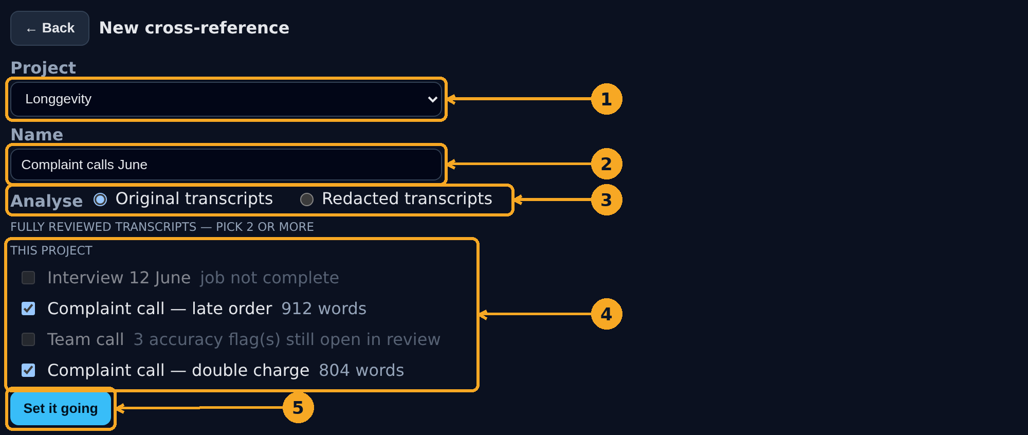 The New cross-reference form: a project selector, a name field, an Original/Redacted choice and a list of eligible transcripts to tick