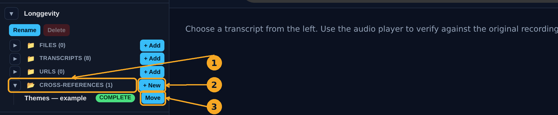 A project's Cross-references sub-folder open in the library, with a New button and a Move button on a saved cross-reference