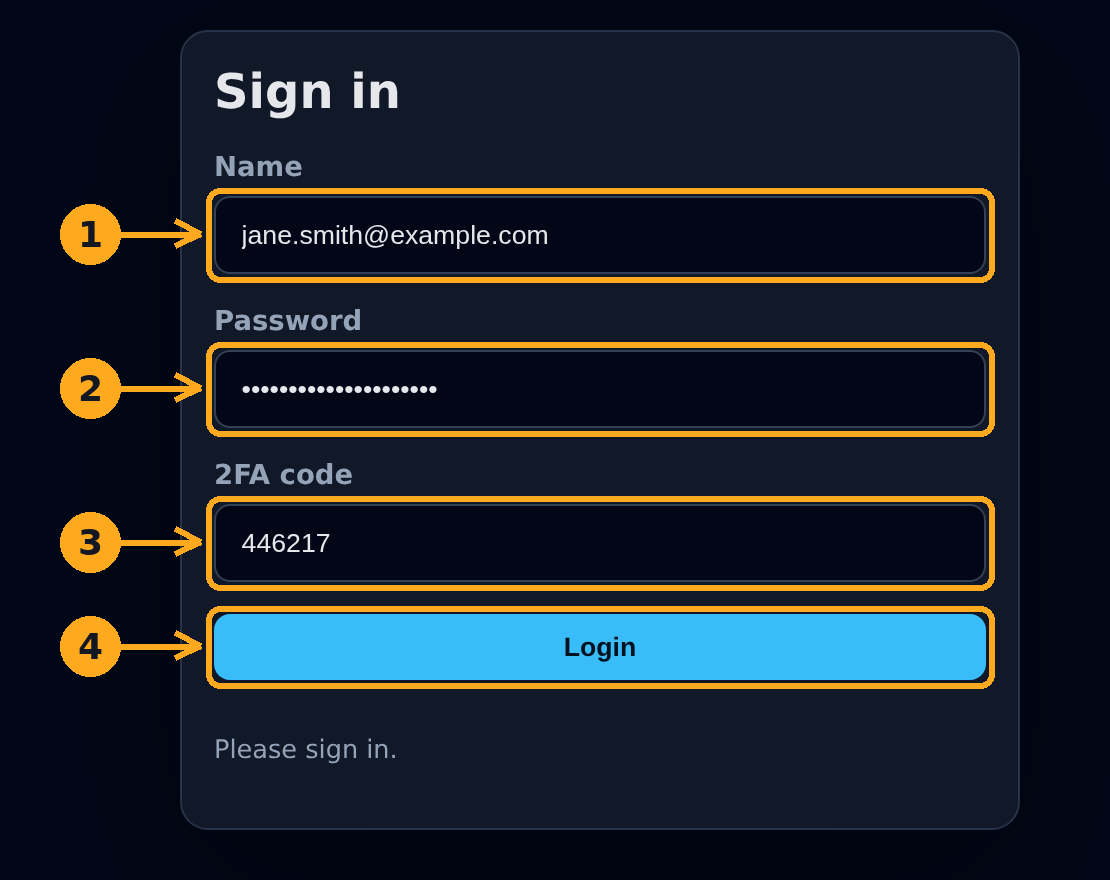 The sign-in screen with name, password and 2FA code fields