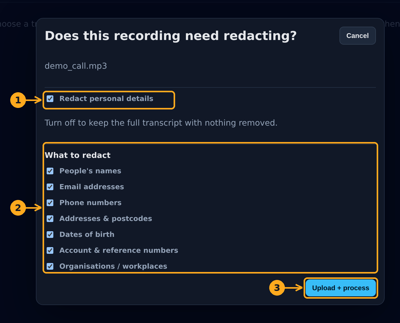 The redaction options dialog shown before an upload starts