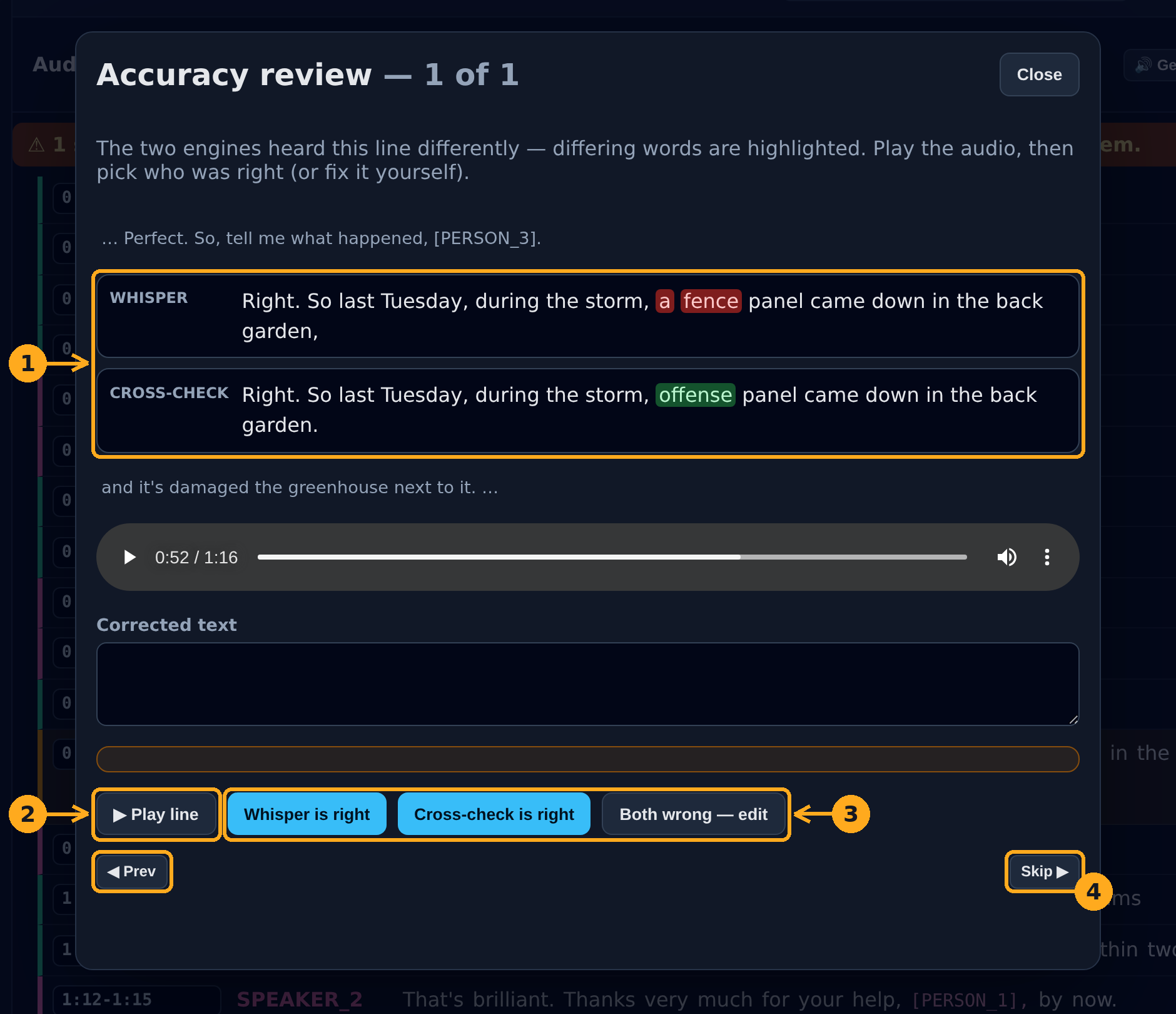 The accuracy review dialog comparing what the two engines heard