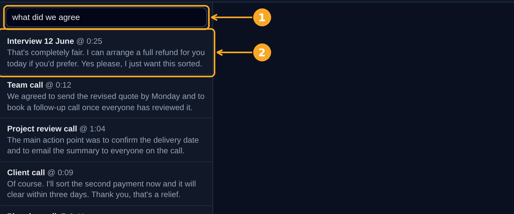 The Search all transcripts box with results from several jobs listed beneath it