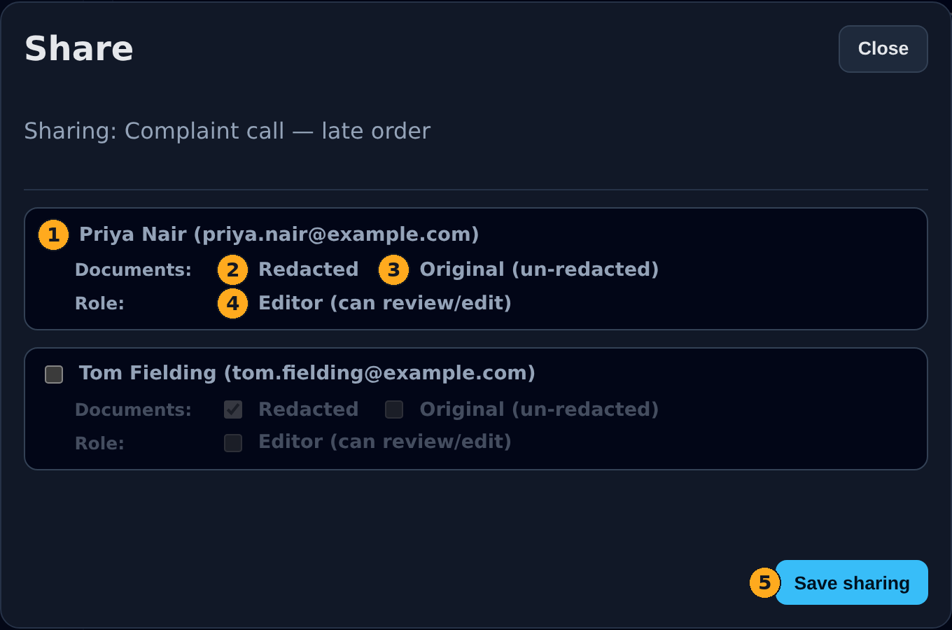 The Share dialog with a colleague ticked and the Redacted / Original / Editor options beside them