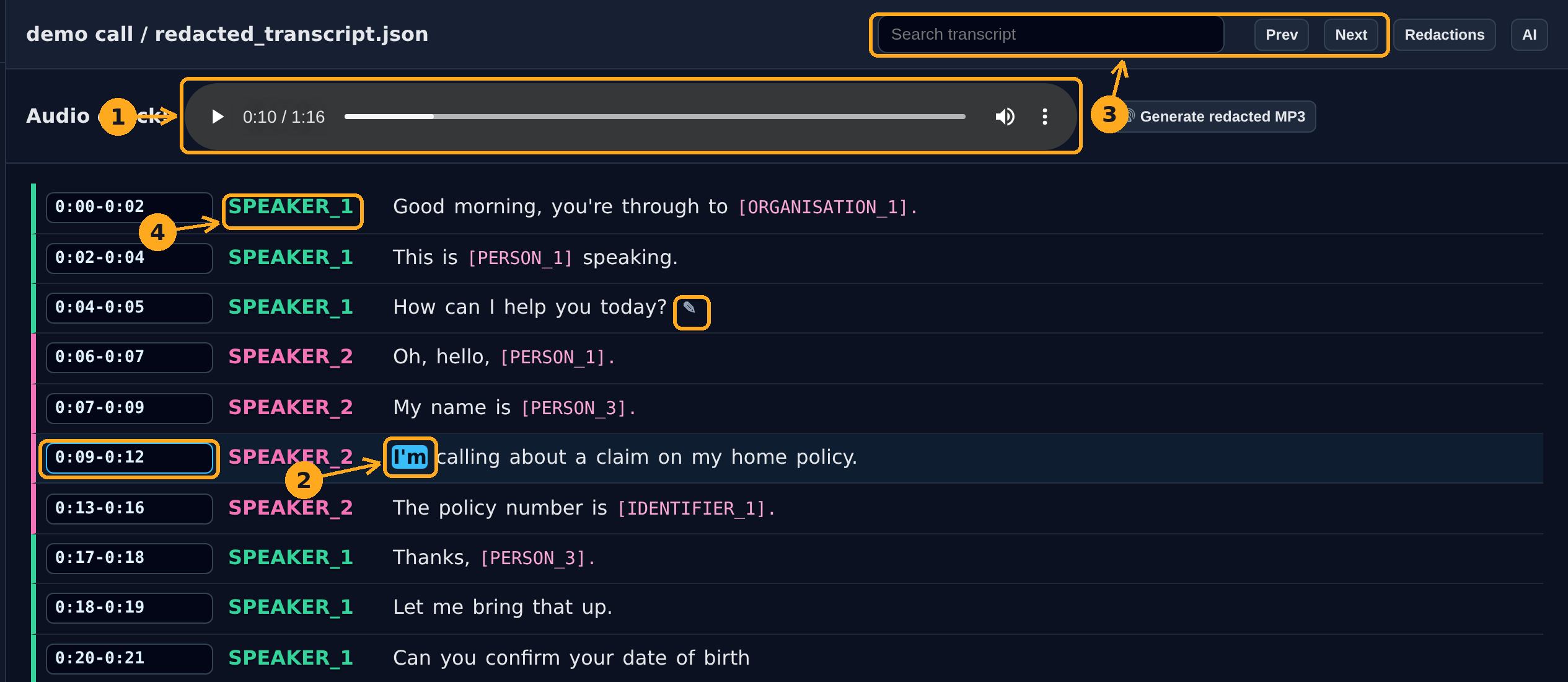 The transcript viewer with the audio player, search box and a highlighted word